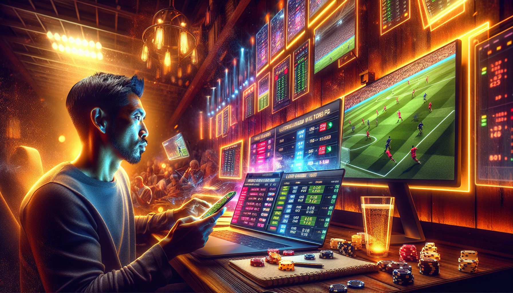 Excited bettor in Bangladesh using phone and laptop to follow live sports odds during a tense match