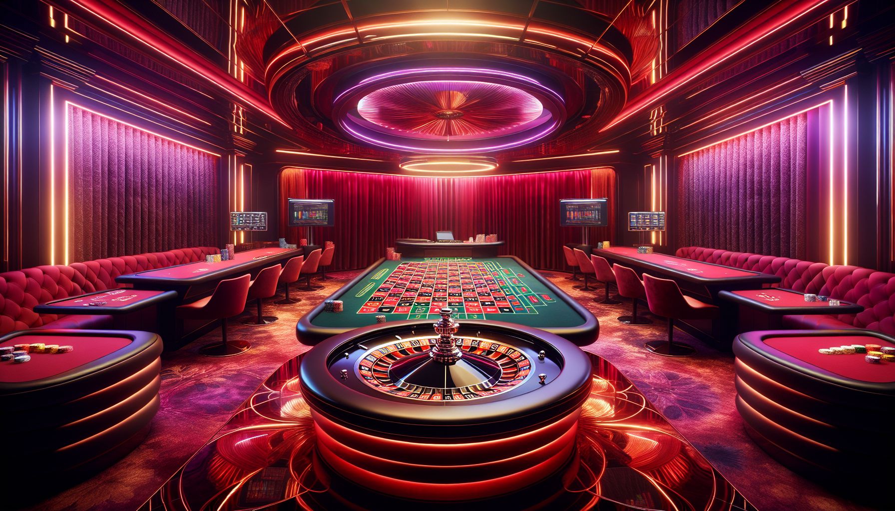 Modern live casino room with dealer table, bright displays, and premium gaming atmosphere