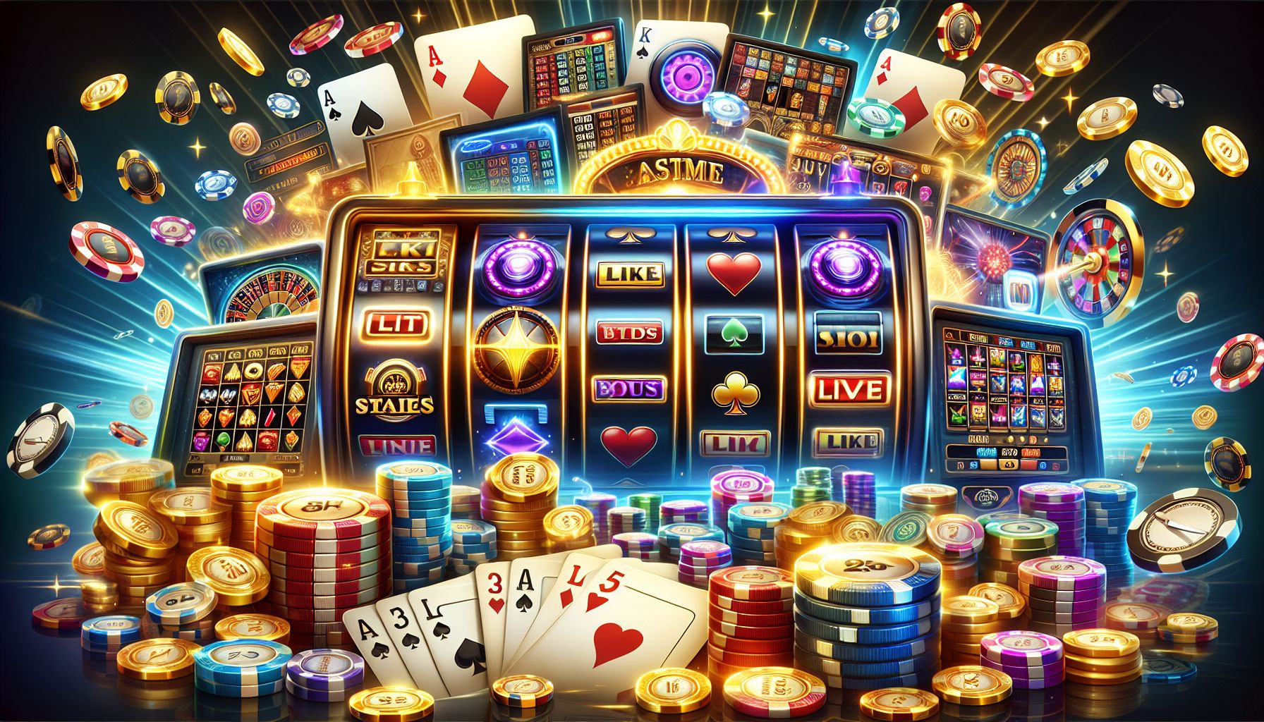Colorful online casino dashboard showing live tables, slots, and bonus highlights
