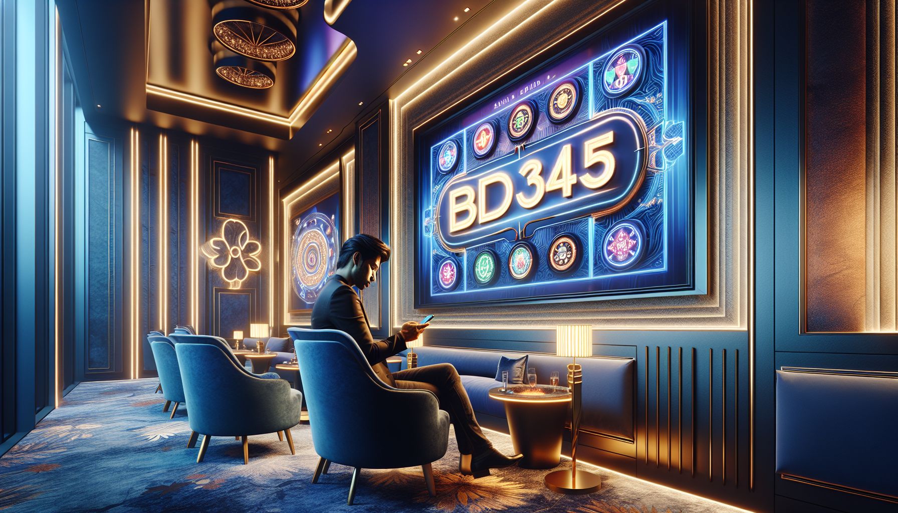 Modern gamer in a glowing casino-inspired setup with vibrant screens and digital effects reflecting BD345 excitement in Bangladesh