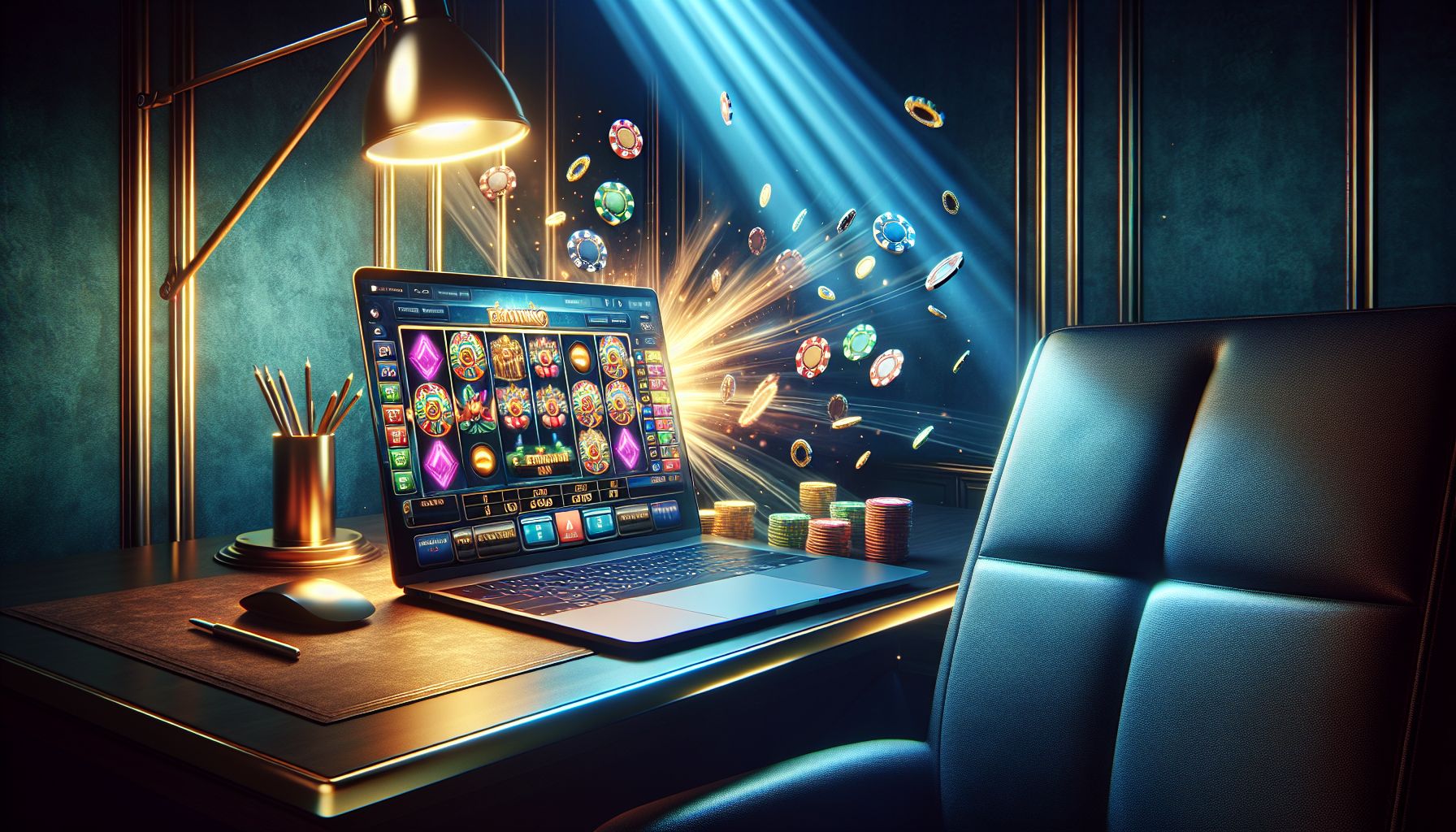 Laptop displaying colorful casino game icons, coins and motion effects in a sleek digital environment inspired by BD345 in Bangladesh
