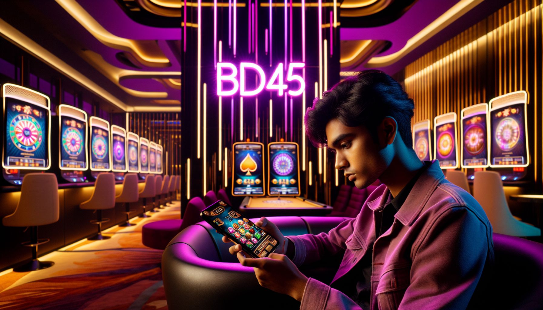 Bangladeshi player viewing colorful BD345 slot reels on a modern mobile screen in a stylish gaming setting