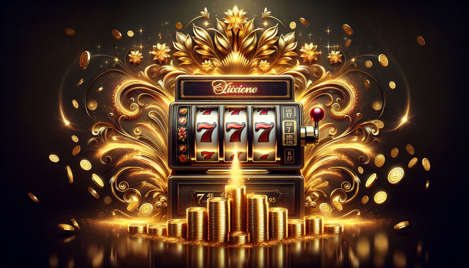 Premium slot reel with shining sevens, gold accents, and coins falling across a dramatic casino-style background